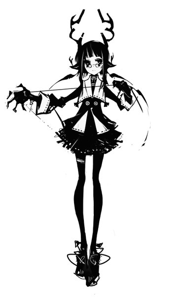 Anime picture 943x1500 with original kiku (kicdoc) single long hair tall image looking at viewer black hair simple background white background horn (horns) pointy ears black eyes monochrome girl dress pantyhose glasses shoes belt thigh strap