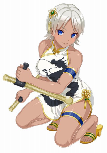Anime picture 903x1280 with valkyrie drive arms corporation cle masahiro single tall image looking at viewer short hair blue eyes light erotic white background bare shoulders white hair traditional clothes chinese clothes animal print girl hair ornament chinese dress