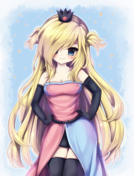 Anime picture 1322x1737 with midna01 single long hair tall image looking at viewer blush fringe breasts blue eyes simple background blonde hair smile twintails hair over one eye short twintails hands on hips girl thighhighs dress gloves