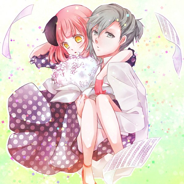 Anime picture 1000x1000 with uta no prince-sama a-1 pictures nanami haruka (uta no prince-sama) mikaze ai fringe short hair yellow eyes pink hair wind grey hair short sleeves grey eyes polka dot lifting body girl dress boy gloves flower (flowers) petals