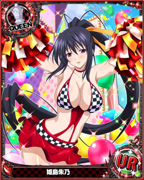 Anime picture 640x800 with highschool dxd himejima akeno single tall image looking at viewer blush breasts open mouth light erotic black hair large breasts purple eyes ponytail very long hair midriff card (medium) cheerleader girl navel ribbon (ribbons)