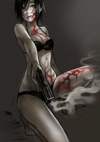 Anime picture 1240x1754 with original pantsumoriko single tall image short hair light erotic black hair simple background holding barefoot grey eyes smoke squat smoking gun girl weapon swimsuit bikini gun blood