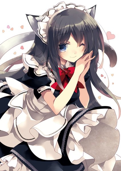 Anime picture 600x847 with original minazuki haruka single long hair tall image blue eyes black hair smile animal ears tail eyes closed animal tail one eye closed wink cat ears maid cat girl cat tail leaning leaning forward