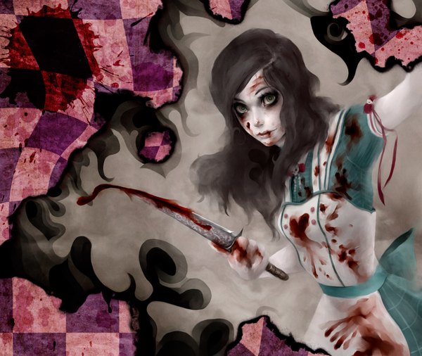Anime picture 1500x1266 with american mcgee's alice (game) alice: madness returns alice (american mcgee's) genk single long hair black hair green eyes lips checkered girl dress blood apron skull knife