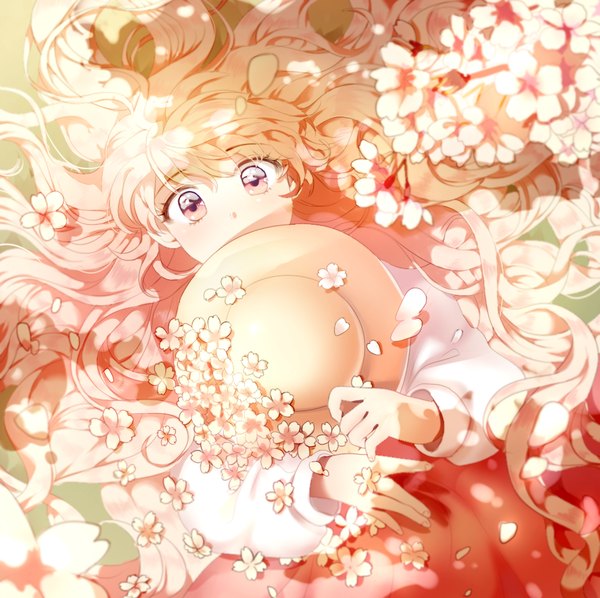 Anime picture 936x934 with original inhye single long hair looking at viewer blush fringe blonde hair holding brown eyes lying fingernails cherry blossoms back looking up covering girl flower (flowers) plant (plants) petals