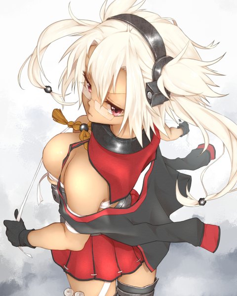 Anime picture 1024x1280 with kantai collection musashi super battleship mono (sisyamo1210) single long hair tall image looking at viewer breasts light erotic blonde hair red eyes large breasts twintails from above tan girl skirt gloves hair ornament miniskirt
