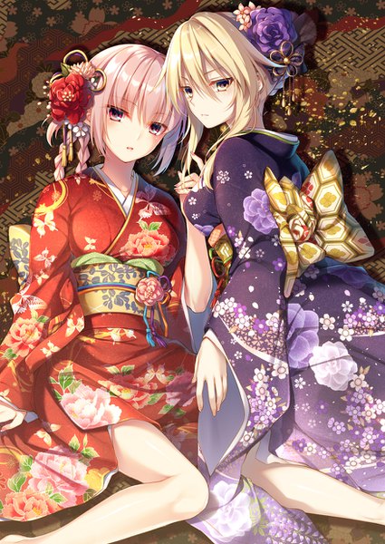 Anime picture 878x1240 with fate (series) fate/grand order fate/stay night artoria pendragon (all) saber saber alter artoria pendragon (lancer alter) florence nightingale (fate) toosaka asagi long hair tall image looking at viewer fringe blonde hair hair between eyes sitting multiple girls yellow eyes pink hair bent knee (knees)