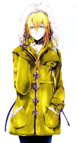 Anime picture 700x1274 with vocaloid lily (vocaloid) nekoritatsuki single long hair tall image looking at viewer fringe blue eyes simple background blonde hair standing white background hand in pocket white skin girl jacket fur hood collar