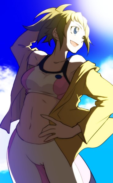 Anime picture 800x1300 with mobile suit gundam gundam build fighters sunrise (studio) hoshino fumina null2deoru single tall image short hair open mouth blue eyes blonde hair looking away sky cloud (clouds) ponytail bare belly hand on hip hand on head girl navel