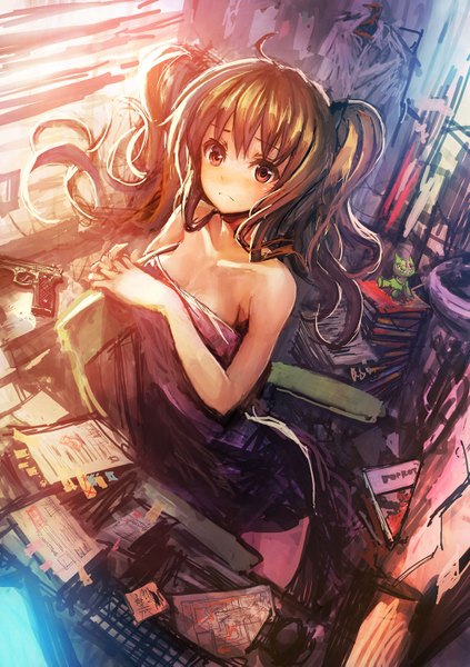 Anime picture 1000x1419 with original lm7 (op-center) single long hair tall image blush light erotic red eyes brown hair twintails girl weapon gun towel pistol paper armchair