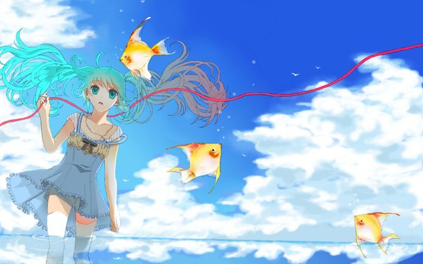 Anime picture 1632x1020 with vocaloid hatsune miku tuukouninnn single fringe open mouth wide image twintails sky cloud (clouds) aqua eyes aqua hair wet alternate costume girl thighhighs dress ribbon (ribbons) animal water