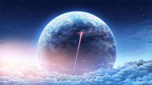 Anime picture 1920x1080 with original hati 98 highres wide image cloud (clouds) night wallpaper night sky horizon flying no people landscape scenic space star (stars) planet spacecraft