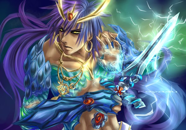 Anime picture 5000x3500 with magi the labyrinth of magic a-1 pictures sinbad (magi) koyasu long hair highres signed yellow eyes absurdres purple hair magic lightning electricity boy sword jewelry