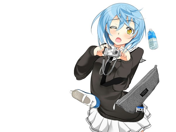 Anime picture 1093x820 with short hair open mouth white background yellow eyes blue hair girl serafuku bag camera