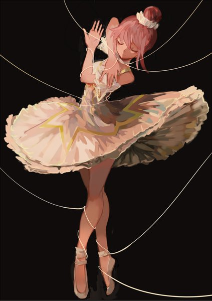 Anime picture 1138x1615 with mahou shoujo madoka magica shaft (studio) pixiv kaname madoka wttwj single tall image fringe short hair simple background standing bare shoulders pink hair eyes closed bare legs short sleeves hair bun (hair buns) crossed legs black background standing on one leg