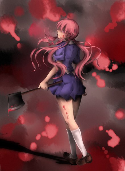 Anime picture 2200x3000 with mirai nikki gasai yuno single long hair tall image fringe highres pink hair pink eyes from behind shadow crazy girl uniform bow hair bow school uniform socks shoes blood