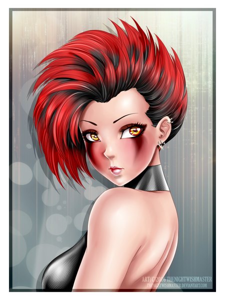 Anime picture 1500x2000 with original thenightwishmaster single tall image looking at viewer short hair breasts black hair yellow eyes upper body red hair multicolored hair lips two-tone hair piercing portrait ear piercing eyebrows bare back eyeshadow