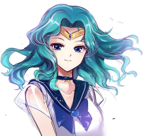 Anime picture 910x853 with bishoujo senshi sailor moon toei animation kaiou michiru sailor neptune songmil single long hair looking at viewer blue eyes simple background smile white background wind aqua hair wavy hair girl choker sailor suit circlet