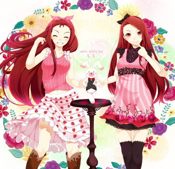 Anime picture 1200x1161 with idolmaster minase iori nira (vira) long hair smile red eyes bare shoulders multiple girls red hair eyes closed finger to mouth dual persona girl thighhighs dress bow black thighhighs 2 girls hair bow toy