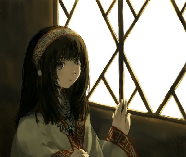 Anime picture 1231x1037 with original hanno single long hair blue eyes black hair traditional clothes girl window hairband