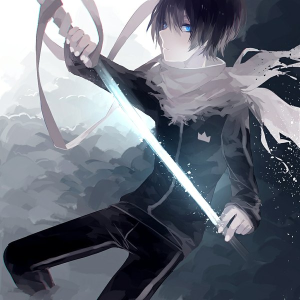 Anime picture 1000x1000 with noragami studio bones yato (noragami) mybloodynails single looking at viewer fringe short hair blue eyes black hair holding cloud (clouds) glowing weapon alternate hair color boy weapon sword katana bandage (bandages) neckerchief