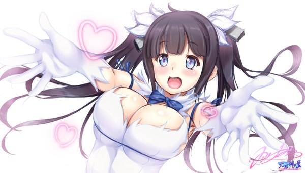 Anime picture 2550x1456 with dungeon ni deai wo motomeru no wa machigatteiru darou ka j.c. staff hestia (danmachi) hozumi kaoru long hair blush highres breasts open mouth blue eyes light erotic black hair wide image large breasts twintails cleavage rei no himo girl gloves bow