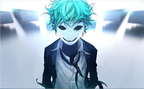 Anime picture 800x494 with fisheye placebo yuumei looking at viewer short hair wide image long sleeves aqua hair inscription text english messy hair cropped boy shirt necktie mask suit