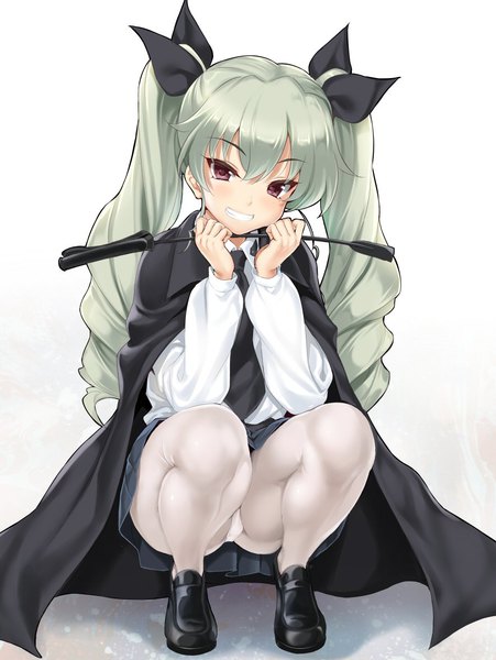 Anime picture 884x1175 with girls und panzer anchovy (girls und panzer) cle masahiro single long hair tall image looking at viewer fringe light erotic simple background smile hair between eyes red eyes white background twintails holding pleated skirt green hair teeth grin