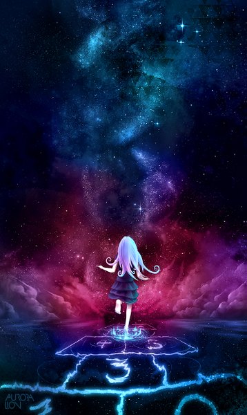 Anime picture 743x1245 with original auroralion single long hair tall image signed blue hair pink hair cloud (clouds) bent knee (knees) multicolored hair barefoot arm up from behind night bare legs no shoes night sky drill hair reflection