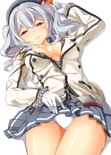 Anime picture 2591x3624 with kantai collection kashima training cruiser byte (allbyte) single long hair tall image looking at viewer blush highres breasts blue eyes light erotic simple background smile white background silver hair girl skirt underwear panties