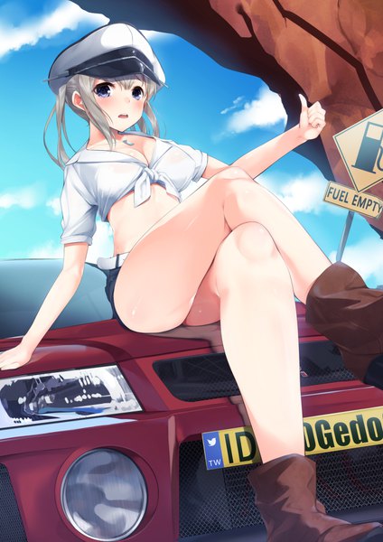 Anime picture 707x1000 with kantai collection graf zeppelin (kantai collection) gedou (shigure seishin) single long hair tall image looking at viewer blush fringe breasts open mouth blue eyes light erotic blonde hair sitting twintails signed sky cleavage arm support