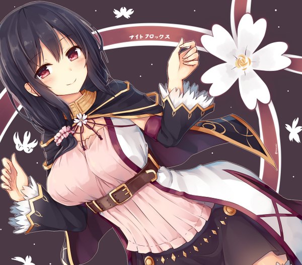 Anime picture 2456x2152 with flower knight girl night phlox (flower knight girl) tsuchikure (3105mitoko) single long hair looking at viewer blush fringe highres breasts black hair smile red eyes large breasts standing long sleeves arm up zettai ryouiki girl flower (flowers)