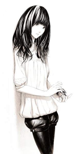 Anime picture 500x1033 with original sousou (sousouworks) long hair tall image fringe black hair simple background standing white background holding looking away black eyes monochrome pale skin casual girl camera