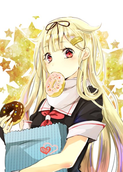 Anime picture 1536x2153 with kantai collection yuudachi destroyer kona (mmm) single long hair tall image looking at viewer blush simple background blonde hair red eyes white background holding blunt bangs traditional clothes from below mouth hold food in mouth remodel (kantai collection) girl