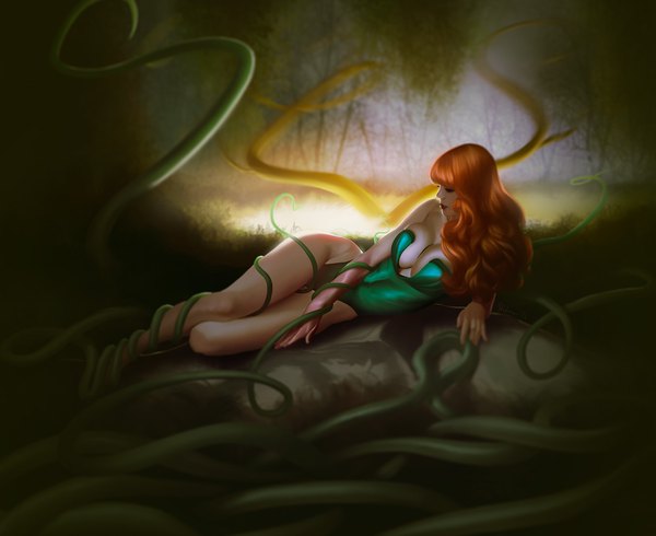 Anime picture 2000x1636 with batman dc comics poison ivy achibner single long hair fringe highres breasts light erotic large breasts bare shoulders signed looking away cleavage full body lying profile lips orange hair