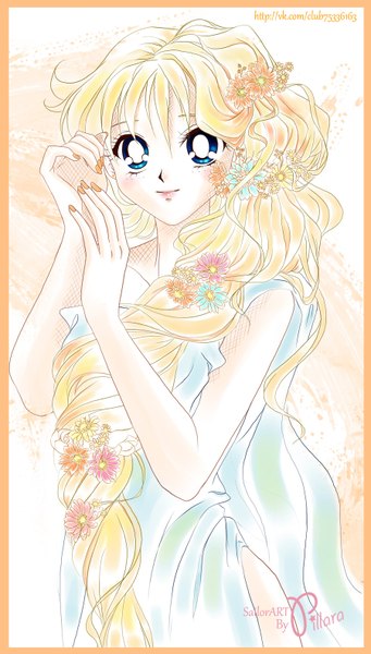 Anime picture 900x1582 with bishoujo senshi sailor moon toei animation aino minako pillara single long hair tall image looking at viewer blush blue eyes blonde hair nail polish hair flower lips orange background girl hair ornament flower (flowers)