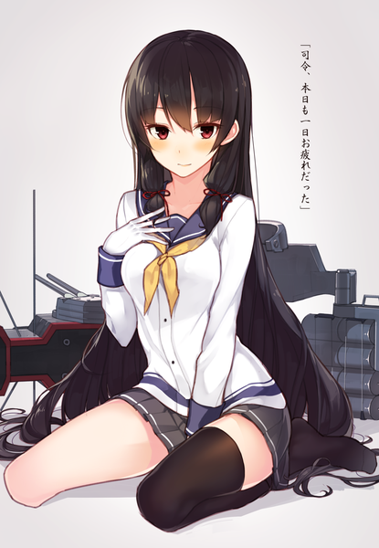 Anime picture 1500x2166 with kantai collection isokaze destroyer hitoshi single tall image looking at viewer blush fringe black hair red eyes sitting twintails very long hair pleated skirt light smile black eyes grey background arm support no shoes kneeling
