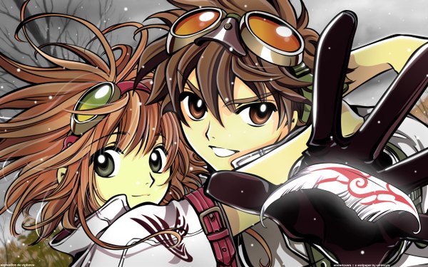 Anime picture 2560x1600 with tsubasa reservoir chronicle clamp sakura hime syaoran highres wide image feather (feathers) goggles