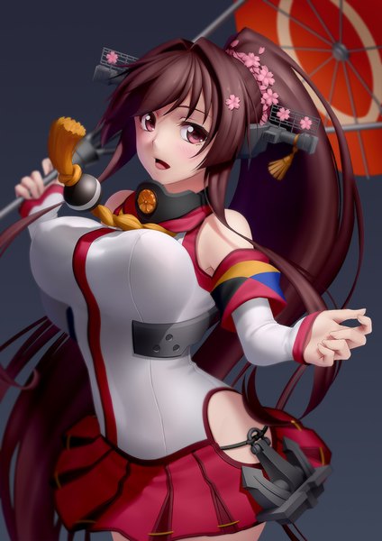 Anime picture 707x1000 with kantai collection yamato super battleship kai (link2262) single tall image looking at viewer breasts open mouth light erotic brown hair large breasts ponytail very long hair pink eyes hair flower girl skirt hair ornament flower (flowers) umbrella