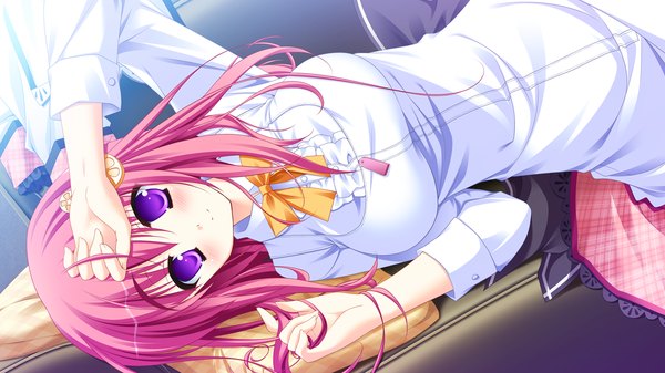 Anime picture 1280x720 with diamic days lump of sugar koboshi renko sesena yau long hair wide image purple eyes pink hair game cg girl serafuku