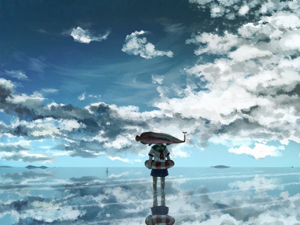 Anime picture 2000x1500 with original tomi (artist) single highres sky cloud (clouds) reflection girl water serafuku fish (fishes) swim ring diving mask