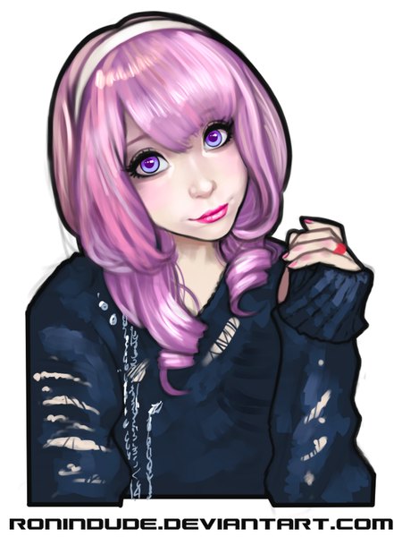 Anime picture 750x1000 with ronin dude (ray cornwell) single long hair tall image looking at viewer simple background white background purple eyes signed pink hair nail polish lips lipstick pink lipstick girl headband sweater ring