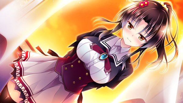 Anime picture 1280x720 with golden marriage ensemble (studio) shimakage ruri hayakawa harui single long hair blush breasts black hair wide image large breasts brown eyes game cg cloud (clouds) ponytail embarrassed evening sunset hands behind back girl