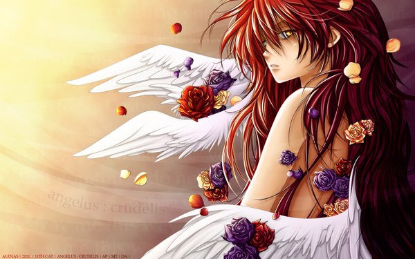 Anime picture 1920x1200 with 11th cat (manga) alenas single long hair highres wide image yellow eyes red hair hair flower girl hair ornament flower (flowers) wings rose (roses) red rose purple rose