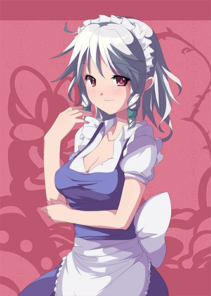 Anime picture 714x1000 with touhou izayoi sakuya saiste single tall image looking at viewer blush short hair red eyes silver hair braid (braids) light smile maid twin braids girl dress headdress maid headdress