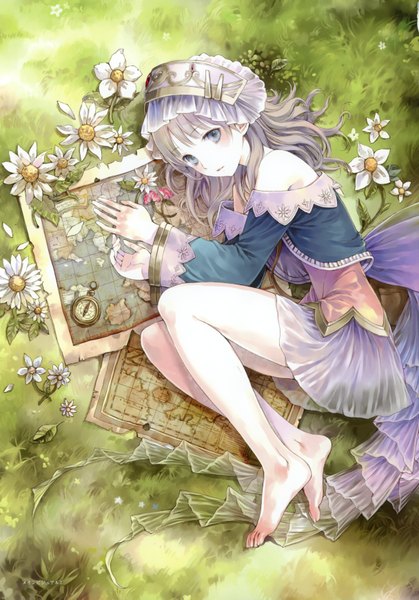 Anime picture 2432x3481 with atelier (series) gust (company) nippon ichi atelier rorona and totori (artbook) totooria helmold kishida mel single long hair tall image looking at viewer highres blue eyes blonde hair bare shoulders bent knee (knees) lying barefoot from above bare legs on side