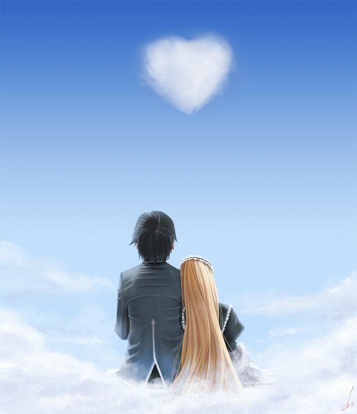 Anime picture 1293x1500 with gosick studio bones victorique de blois kujou kazuya dopollsogno long hair tall image short hair black hair blonde hair sitting cloud (clouds) couple girl dress boy heart