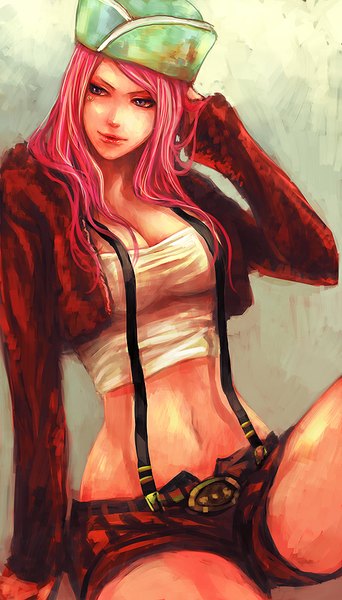 Anime picture 514x900 with one piece toei animation jewelry bonnie tsuyomaru single long hair tall image breasts sitting purple eyes looking away pink hair cleavage lips arm support bare belly midriff piercing girl navel