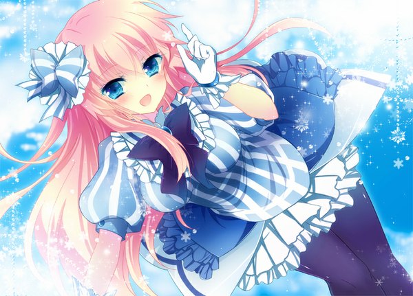 Anime picture 809x582 with vocaloid megurine luka ichiyou moka single long hair blush open mouth blue eyes smile pink hair sky cloud (clouds) sunlight girl dress gloves bow hair bow pantyhose frills