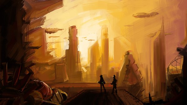 Anime picture 1200x675 with original hangmoon wide image city evening sunset cityscape science fiction panorama